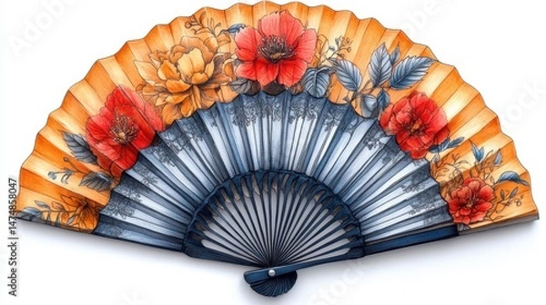 Obraz Decorative folding fan with floral designs in orange, red, and blue