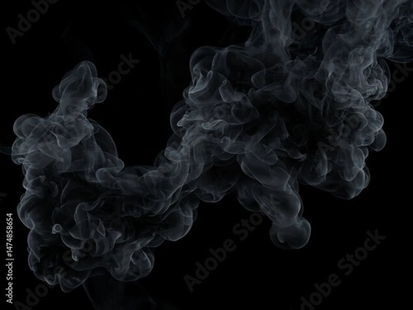 Fototapeta Dichte schwarze Rauchwolke mit filigranen Wirbeln vor tiefschwarzem Hintergrund in abstrakter Form