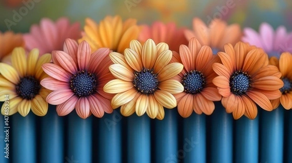 Obraz Vibrant daisies bloom, colorful petals resting on a textured blue surface