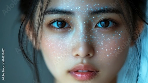 Obraz Glowing face A woman with shimmering sparkles on her face gazes forward with soft, serene expression