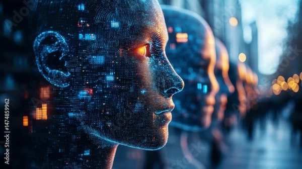 Obraz Digital humanoids form a blurred row, data flowing over them, gazing forward