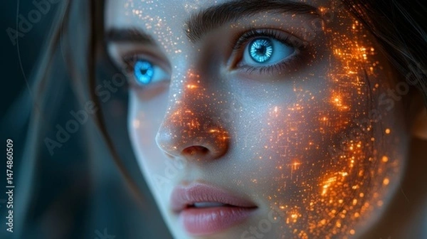 Obraz Glowing particles adorn a woman's face; mesmerizing blue eyes gaze outward