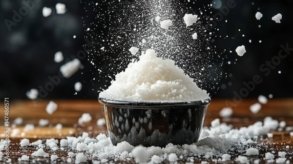 Obraz Salt crystals scatter from a small black bowl on a textured wooden surface