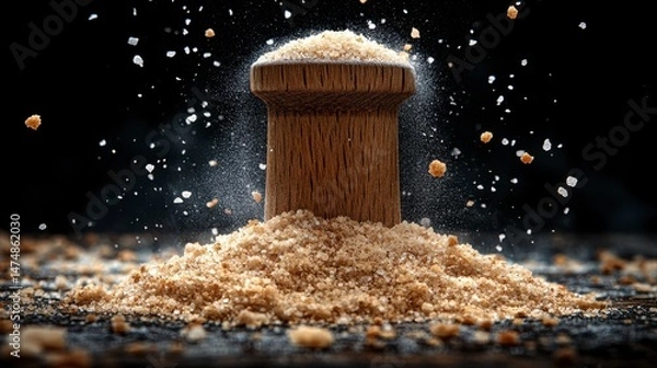 Obraz Wood stopper with crumbly powder forming a tiny mount on dark surface