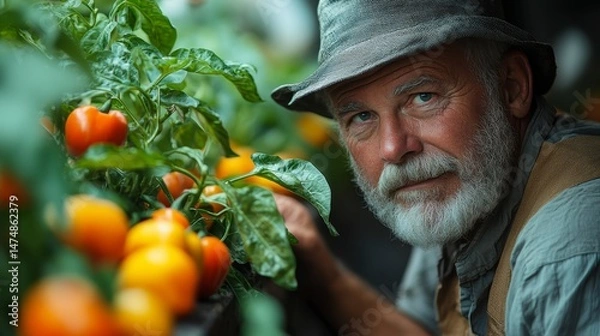Obraz Gardener tending tomatoes