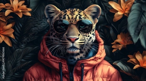 Obraz Leopard in sunglasses, wearing jacket, surrounded by lush foliage and vibrant flowers