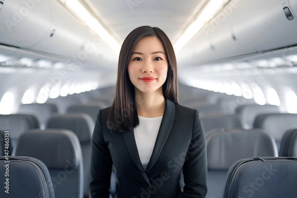 Fototapeta Professional stewardess in elegant uniform standing confidently in spacious airplane cabin with rows of comfortable seats ready for passengers embarking on journey