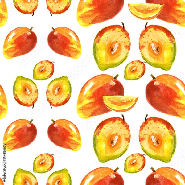 Fototapeta Watercolor seamless pattern, background with a pattern of tropical mango fruit.
On a white background.