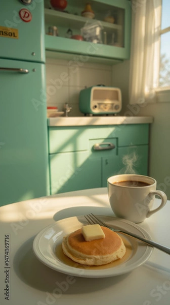 Obraz cozy breakfast scene featuring fluffy pancakes topped with butter, steaming cup of coffee, and retro kitchen backdrop