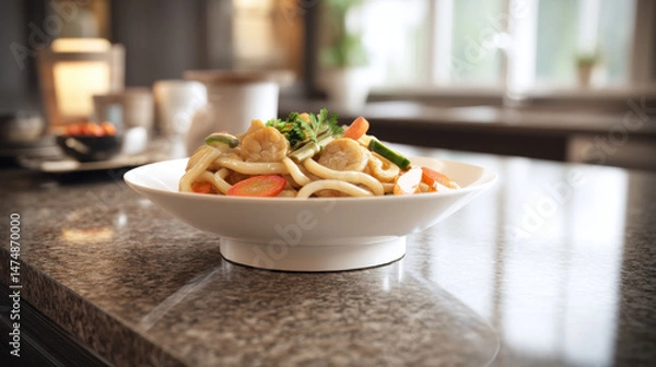 Obraz Delicious Udon noodles with shrimp and vegetables served in white bowl on granite countertop, creating warm and inviting atmosphere
