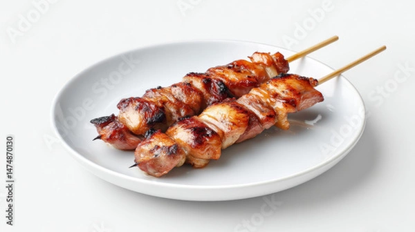 Obraz Juicy grilled skewers of yakitori served on white plate, showcasing deliciously charred exterior and tender meat