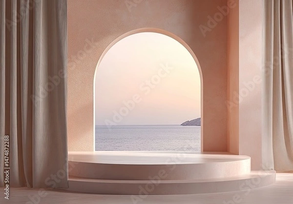 Fototapeta Serene coastal scene viewed through arched window, sunlight illuminates minimalist platform