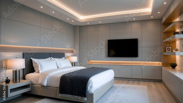 Fototapeta A luxurious modern bedroom at night with a minimalist design-1