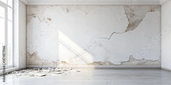 Fototapeta Empty room with damaged wall and debris