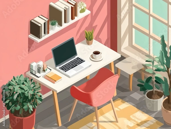 Obraz Isometric illustration of a home office with a coral pink wall, indoor plants, and a laptop desk under sunlight