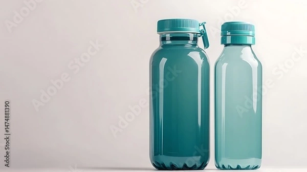 Fototapeta Two teal colored reusable water bottles standing side by side on white