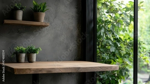 Fototapeta Corner of a room with a large window on the right side. the window has a view of greenery outside.