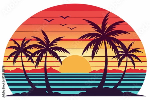 Obraz beach with palm tree vector illustration,  sunset point with palm tree, summer vector  