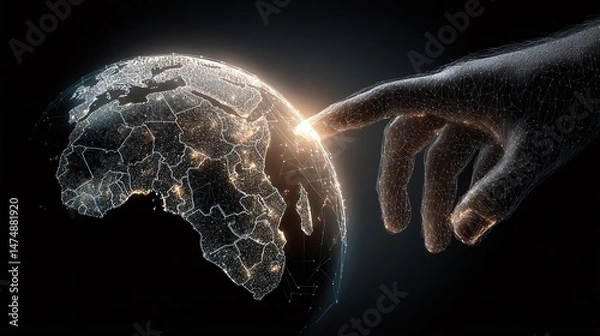 Fototapeta Digital Earth Touch: A glowing hand made of light touches a digital earth globe against a dark backdrop, symbolizing connection and innovation.