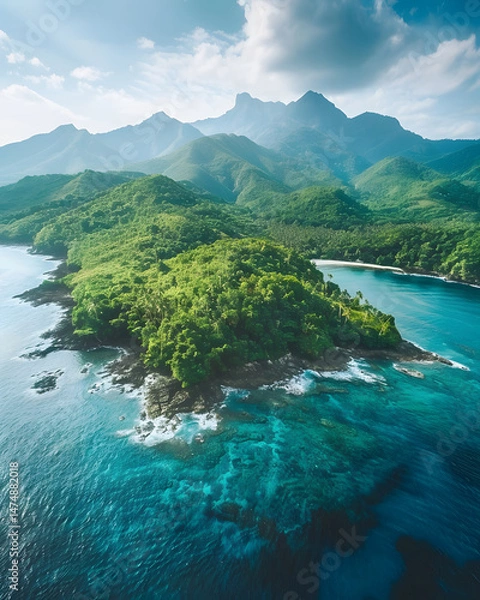 Obraz Lush tropical island with volcanic mountains and vibrant coastline