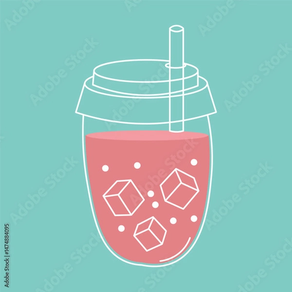 Obraz Flat style illustration of a pink cold drink in a glass jar with ice cubes and straw, ideal for summer beverage concepts, refreshing designs, and drink-related projects.
