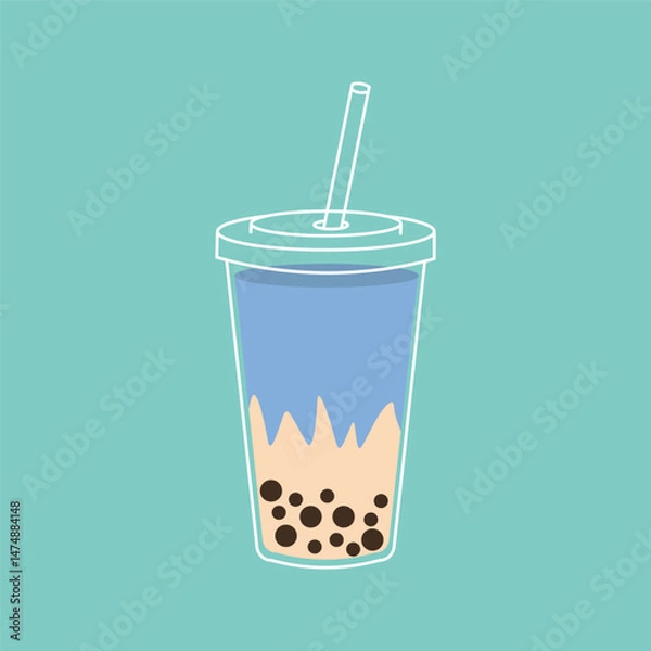 Obraz Flat style illustration of a bubble tea drink in a transparent cup with a straw, featuring creamy layers and tapioca pearls, ideal for beverage menus, cafe designs, and food-themed projects.