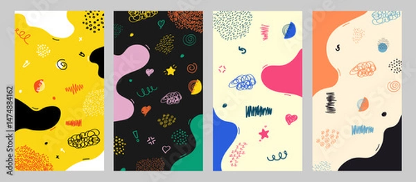 Obraz Vector illustration. Colorful childish background. Hand drawn memphis pattern doodle shapes and lines. Design elements for flyer, voucher, coupon, leaflet. Trendy abstract colorful style