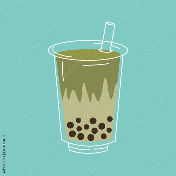 Obraz Flat style illustration of a green bubble tea drink in a clear plastic cup with a straw, featuring tapioca pearls and a wavy gradient design, ideal for beverage-themed projects and summer concepts.