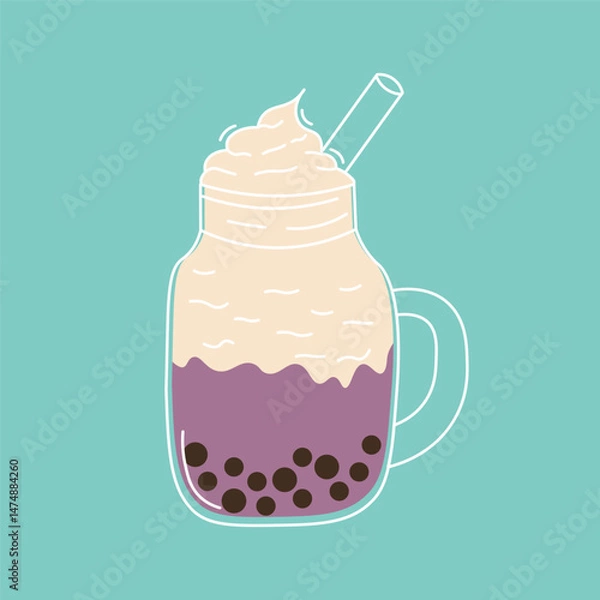 Obraz Flat style illustration of a taro bubble tea with whipped cream in a mason jar, perfect for beverage branding, cafe menus, or trendy food-related designs.