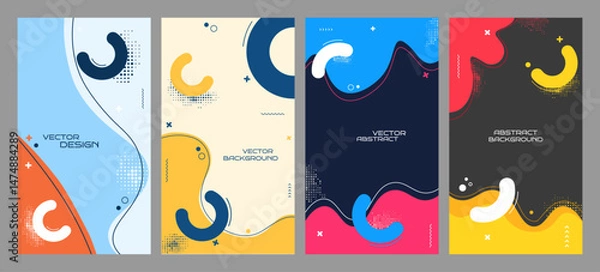 Obraz Vector illustration. Colorful geometric background with fluid shapes, halftone dots and memphis pattern. Design elements for flyer, voucher, coupon, leaflet, social media template. Modern composition