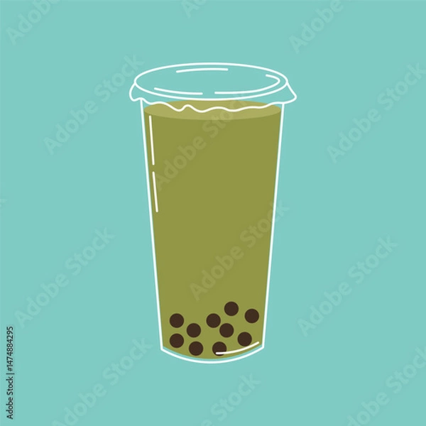 Obraz Flat style illustration of a bubble tea drink with tapioca pearls in a plastic cup, ideal for beverage packaging, menu design, and trendy food-related creative projects.