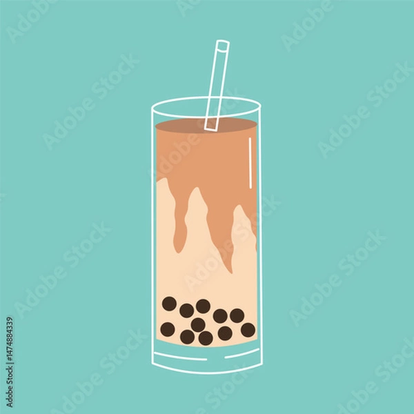 Obraz Flat style illustration of a tall glass of brown sugar bubble tea with tapioca pearls and a straw, ideal for beverage-related projects, cafe branding, and modern drink-themed designs.