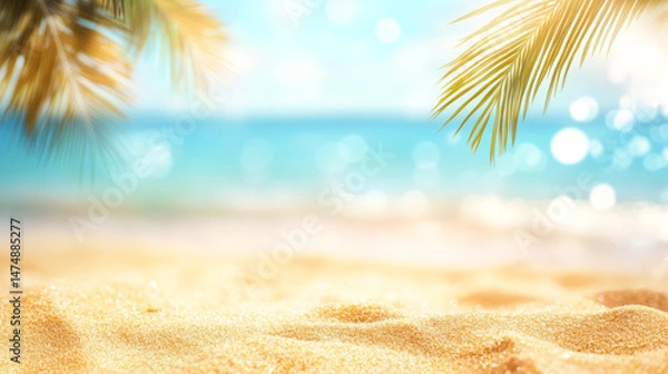 Obraz Unfocused blurred beach background with blue sea and palm trees