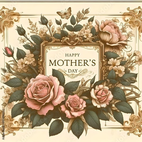 Obraz A nostalgic vintage-style Mother’s Day card featuring hand-drawn botanical elements, intricate roses, and an ornate golden frame.