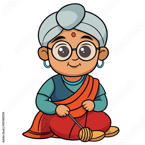 Obraz Indian grandmother in traditional cotton sari holding spices, warmth of family and culinary heritage