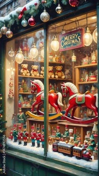 Fototapeta Festive toy store window display with christmas decorations and wooden toys