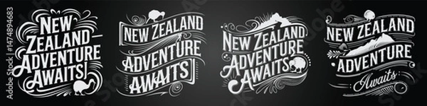 Obraz New Zealand Blackboard Emblem and Typography Set 