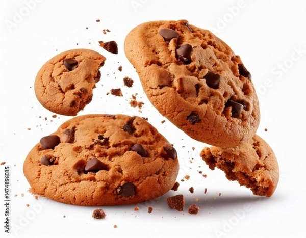 Obraz  Tasty chocolate chip cookies falling image isolated on white perfect for food