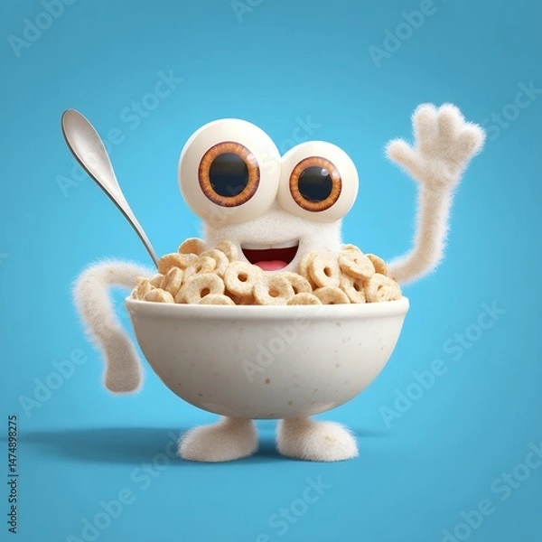 Fototapeta A cartoon character is eating cereal with a spoon. The cereal is in a bowl