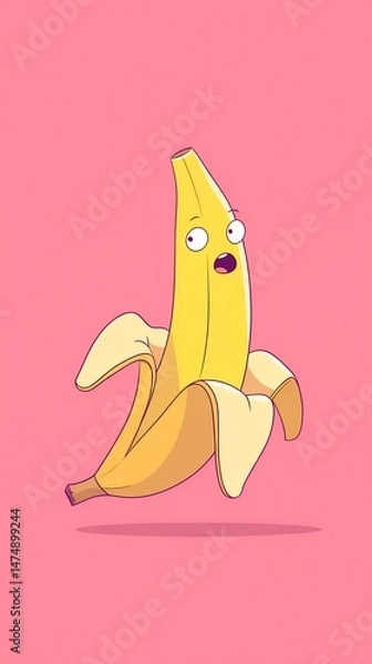 Fototapeta A cartoon banana is jumping in the air. The banana is yellow