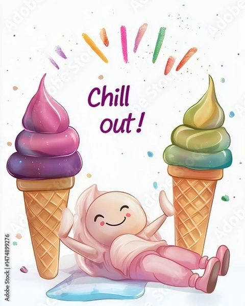 Fototapeta A cartoon of a person laying on an ice cream cone with the words Chill Out written above them