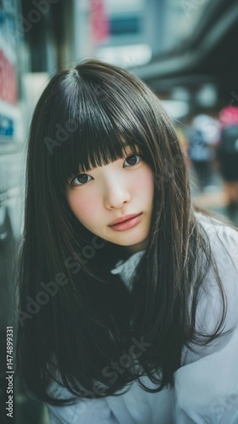 Obraz 街の背景と美女のポートレート