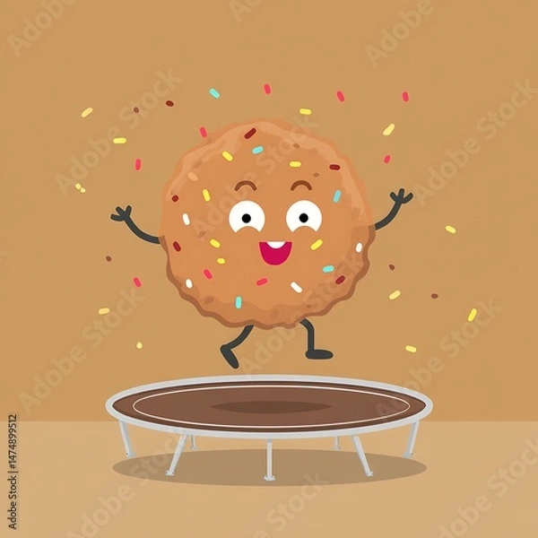 Fototapeta A cartoon cookie is jumping on a trampoline. The cookie is covered in sprinkles