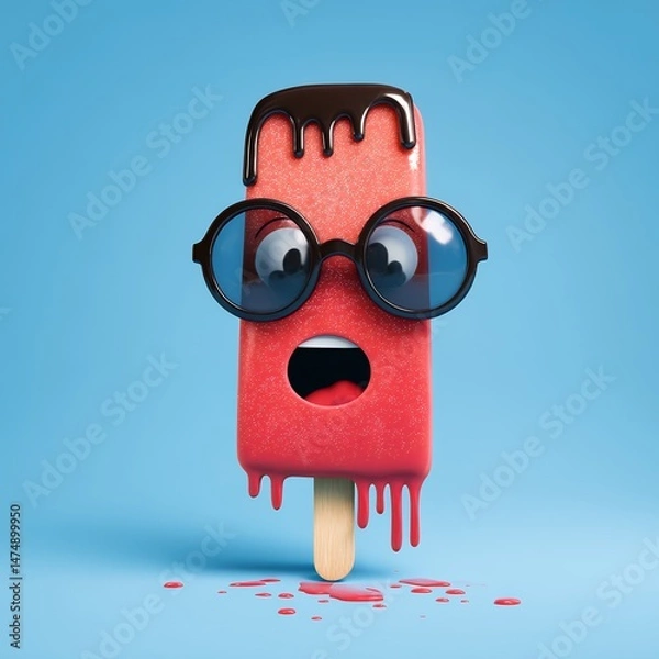 Fototapeta A cartoon ice cream stick with a red and brown frosting and a pair of glasses on it