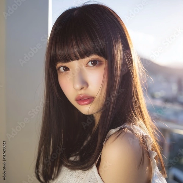 Obraz 街の背景と美女のポートレート