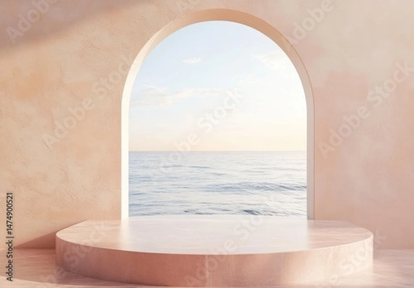 Fototapeta Serene coastal scene viewed through an arched opening, featuring a minimalist platform