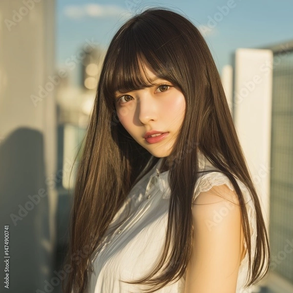 Obraz 街の背景と美女のポートレート