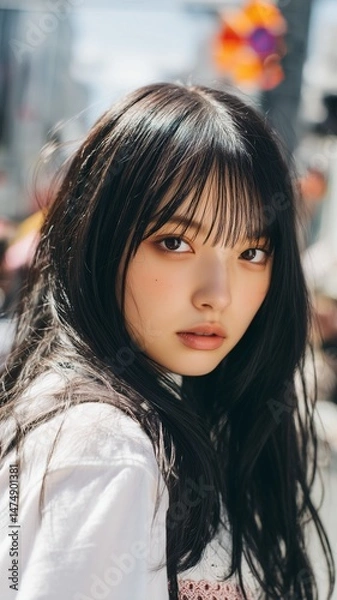 Obraz 街の背景と美女のポートレート