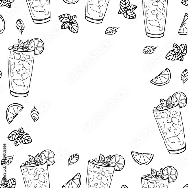 Fototapeta Hand drawn mojito cocktail border frame illustration with lime, mint and ice