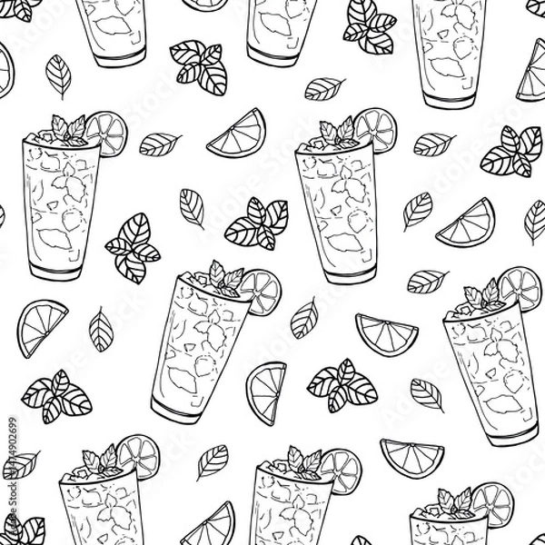 Fototapeta Mojito cocktail seamless pattern ink hand drawn illustration bar decor